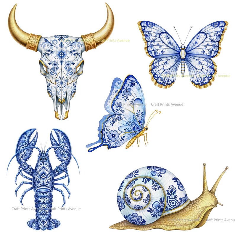 Chinoiserie Clipart Blue and White Animal Bundle Butterfly, Dragonfly ...