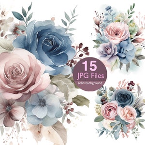 Imágenes prediseñadas de flores de color rosa polvoriento y azul, imágenes prediseñadas de acuarela de ramo floral JPG, flores para invitación de boda, planificador, diario basura con pegatinas