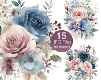 Watercolor Flower Clipart: Dusty Pink & Blue Floral Bouquets (JPG Files)