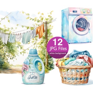Laundry clip art, JPG watercolor, washing machine clipart, laundry day, Commercial use, Digital art