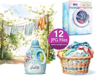 Laundry clip art, JPG watercolor, washing machine clipart, laundry day, Commercial use, Digital art
