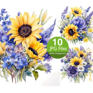 Sunflowerl ClipArt floreali, rose blu JPG, clipart di fiori ad acquerello, inviti di nozze floreali, pianificatore, diario spazzatura adesivo