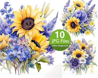 Sunflowerl Floral clip art, JPG blue roses, flower watercolor clipart, floral wedding invitation, planner, sticker junk journal