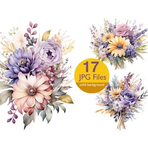Dusty Wildflower clip art, JPG floral bouquet watercolor clipart, flowers for wedding invitation, planner, sticker junk journaling