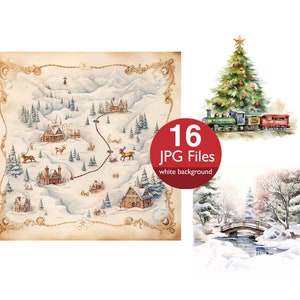 Weihnachtsszene Clip Art, JPG Weihnachtszug, Postkartenillustrationen, Aquarell, Feiertagscliparts, Junk Journal, Kartenherstellung