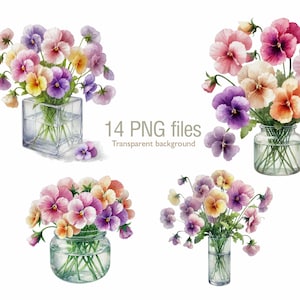 Pansy floral clip art, Flowers in vase clipart, Pansies watercolor, for Junk journal, card making elements, spring florals commercial use