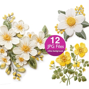 Gestickte Blumen Clip Art, JPG weiße und gelbe Blume Aquarell Clipart, Blumenhochzeitseinladung, Planer, Aufkleber Junk Journal