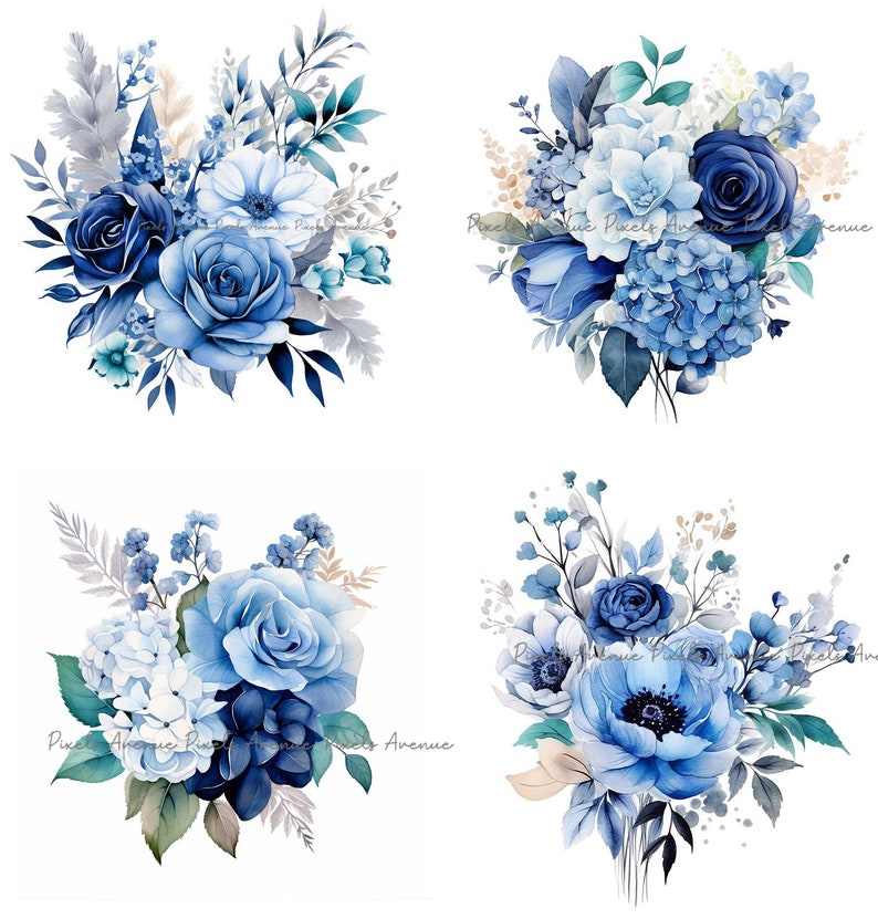Blue Flowers Clip Art JPG Blue Hydrangea Roses Flowers Etsy