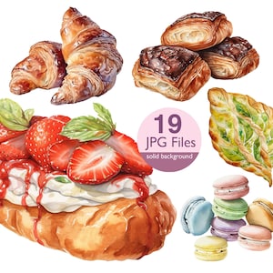 Pâtisseries françaises et clipart de pain, JPG, croissant, macarons, clipart aquarelle de baguette, autocollants de planificateur, journalisation indésirable, scrapbooking