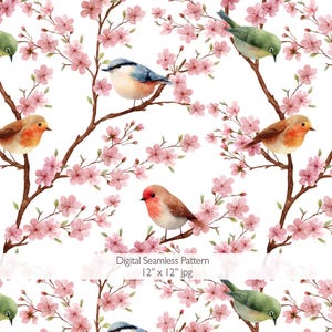 Bird and Cherry Blossom Seamless Pattern, Spring Floral Design, Fabric Print, Tile patterns for sublimation design POD