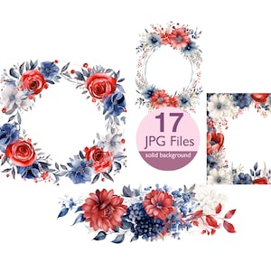 Rote, weiße und blaue Blumenrahmen Clip Art, JPG Blumenrand Aquarell Blumen für Hochzeitseinladung, Planer, Aufkleber Junk Journal