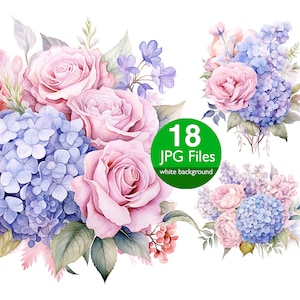 Hortensien und Rosen ClipArt, JPG blau rosa Hortensien, Blumen Aquarell Clipart, florales Sublimationsdesign, Junk Journal