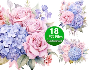 Hydrangea and roses clip art, JPG blue pink Hydrangeas, flower watercolor clipart, floral sublimation design, junk journal