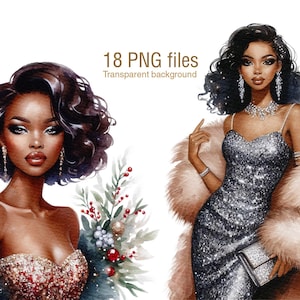 Imágenes prediseñadas de chica glamorosa afroamericana, PNG Nochevieja, moda de mujeres negras glamorosas png, clipart, diario basura, para invitación, fabricación de tarjetas