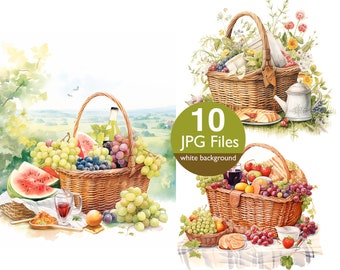 Picnic basket  clipart, JPG watercolor clipart, Vintage picnic for junk journal