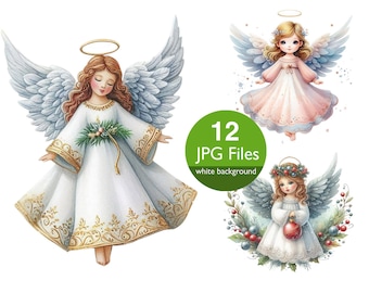 Image clipart ange de Noël, aquarelle JPG, clipart de décorations de Noël ange mignon, ailes à plumes, usage commercial, art numérique