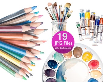 Watercolor Art Supplies Clipart: Artist Tools, Scrapbook Graphics (JPG)