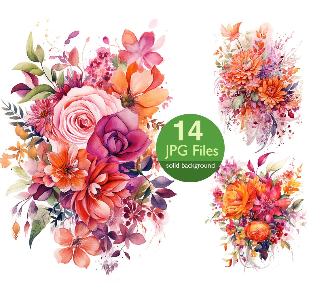 Watercolor Orange and Pink Clip Art, JPG Floral Bouquet Rose Clipart