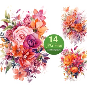 Aquarell Orange und Rosa ClipArt, JPG Blumenstrauß Clipart, Blumen für Hochzeitseinladung, Planer, Aufkleber Junk Journal