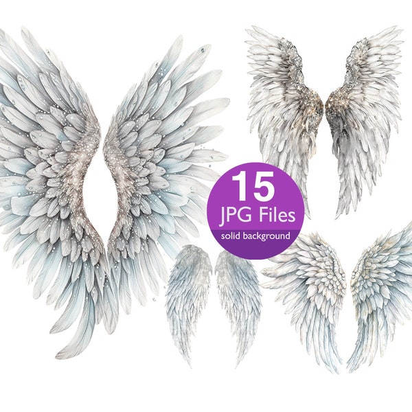 Angel Wings clip art, JPG watercolor, White Wings clipart, Feathered wings, Commercial use, Digital art