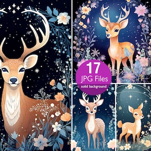 Deer clip art, JPG watercolor clipart, Wildlife, Digital download, Cute deer with flowers, commercial use, junk journal