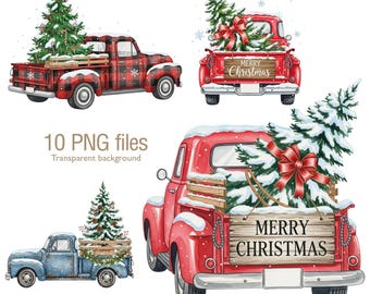 Camioneta navideña, clipart, camioneta vintage con árbol de Navidad PNG / Clipart navideño nevado para tarjetas, invitaciones, sublimación