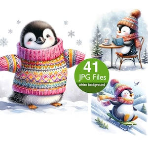 Imágenes prediseñadas de pingüinos navideños, imágenes prediseñadas de pingüinos de invierno acogedores con acuarela JPG para pegatinas de planificadores, diarios basura y creación de tarjetas