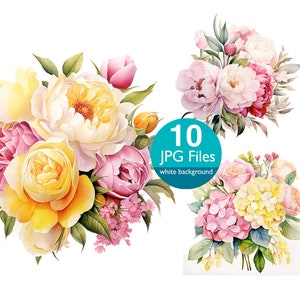 Gelbe und rosa Blumen Clip Art, JPG Blumenstrauß Aquarell Clipart, Blumen für Hochzeitseinladung, Planer, Aufkleber Junk Journal
