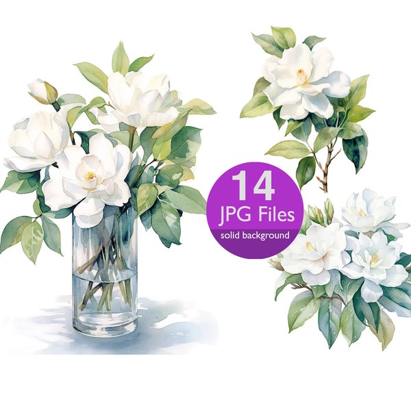 Gardenia clip art, JPG floral bouquet White florals clipart, flowers, junk journal, Commercial use