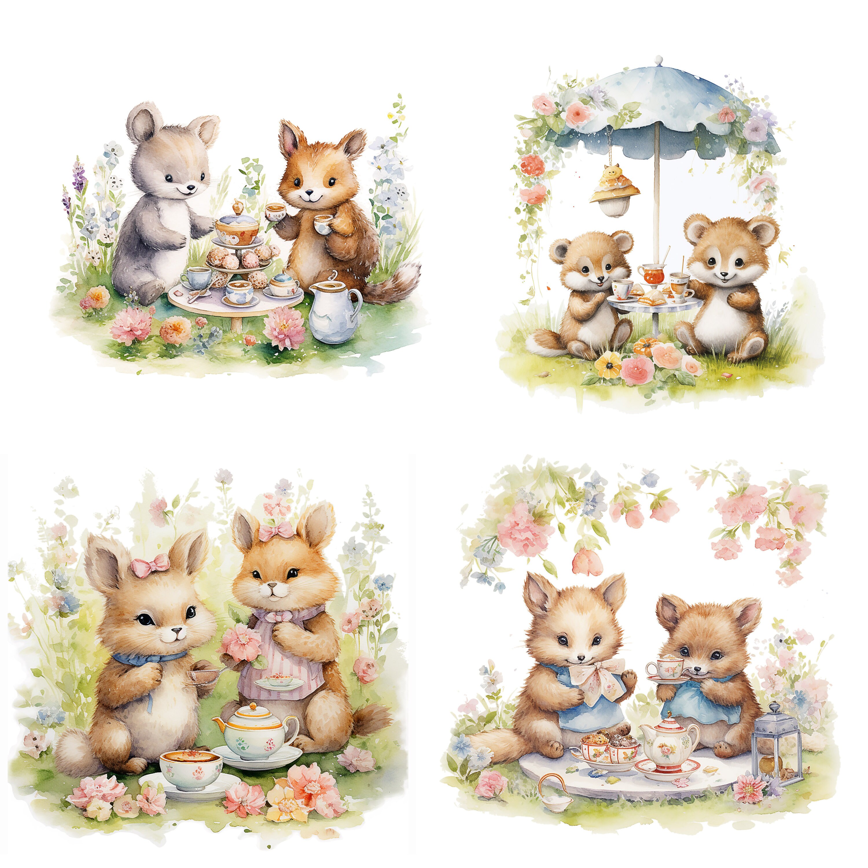 Tea Party Clip Art JPG Watercolor Clipart Cute Animals - Etsy