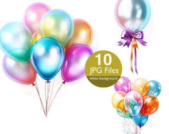 Watercolor Party Balloons Clipart: Shiny JPG Images (Digital Download)