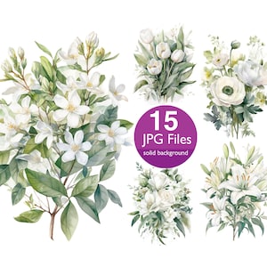 White florals clip art, JPG floral bouquet Rose clipart, flowers for wedding invitation, planner, sticker junk journal