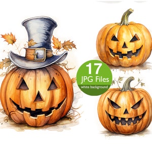 Peut inclure: Trois illustrations à l'aquarelle de citrouilles sculptées en forme de tête de mort. Une citrouille porte un chapeau haut de forme bleu avec une bande brune. Le texte "17 fichiers JPG fond blanc" est en vert sur un cercle blanc.