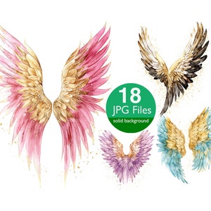 Watercolor Angel Wings Clip Art: Feathered JPG Images (Digital Art)