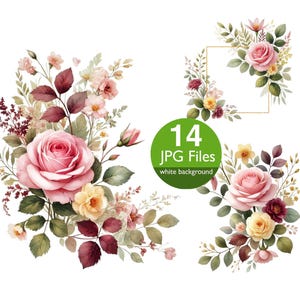 Rose Blumen Clipart: Aquarell Blumenstrauß (JPG-Dateien)