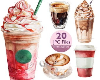 Coffee clip art, JPG Iced coffee, espresso cafe latte, mocha, watercolor clipart,planner stickers, junk journaling, scrapbooking