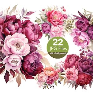 Magenta Peony ClipArt, JPG Blumen Aquarell Clipart, Pfingstrosen Blumen Hochzeitseinladung, Planer, Aufkleber Junk Journal, Scrapbooking