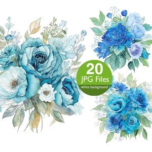 Clipart floral azul, rosas azuis claras JPG, clipart de aquarela de flores, convite de casamento floral, planejador, diário de lixo adesivo