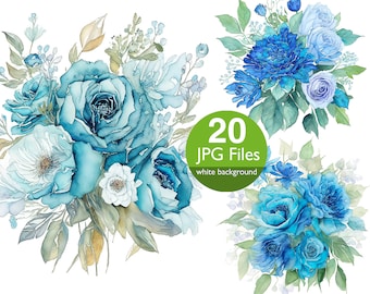 Blue floral clip art, JPG light blue roses, flower watercolor clipart, floral wedding invitation, planner, sticker junk journal