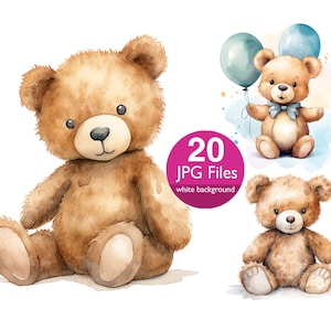 Prediseñadas de oso de peluche, imágenes prediseñadas de osos de peluche de acuarela JPG, manualidades de papel, invitación, planificador, diario de chatarra de pegatinas, álbum de recortes