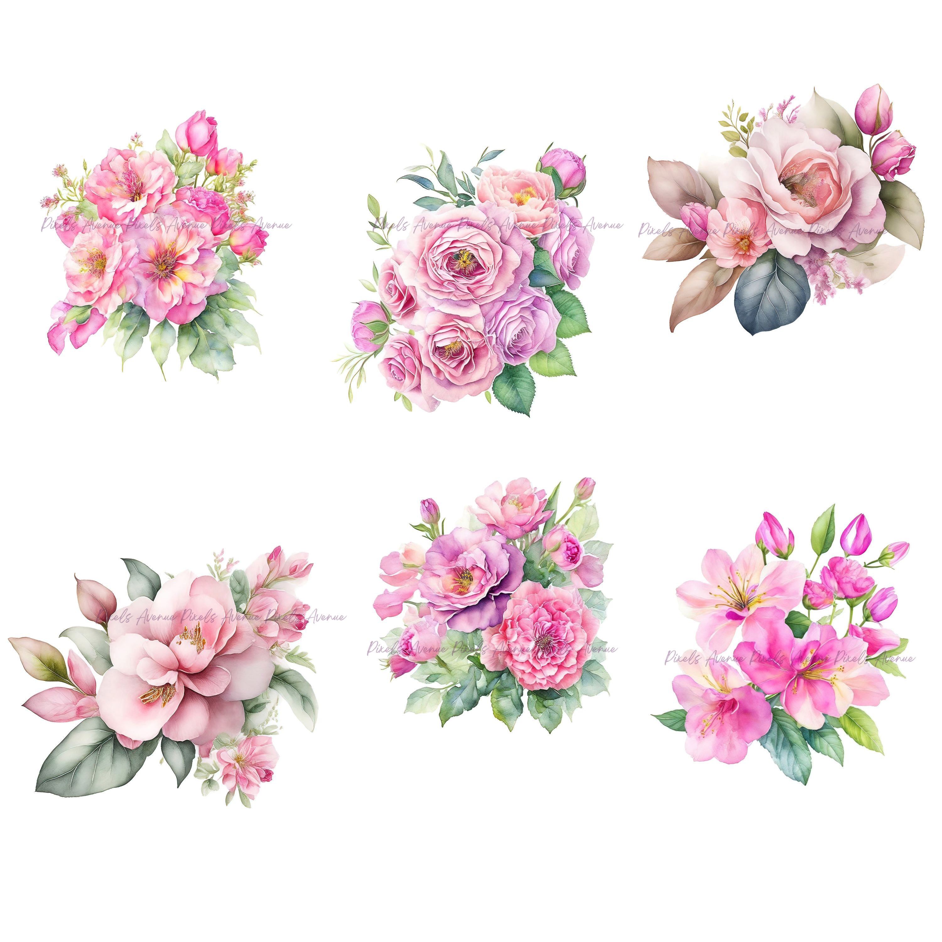 Pink Flowers Clip Art JPG Roses Flower Watercolor Clipart - Etsy