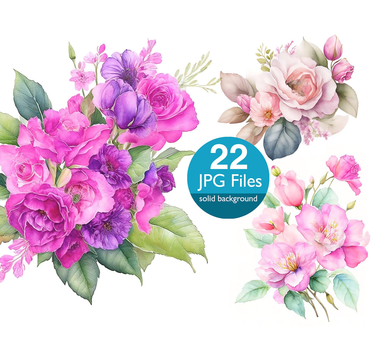 Pink Flowers Clip Art JPG Roses Flower Watercolor Clipart - Etsy