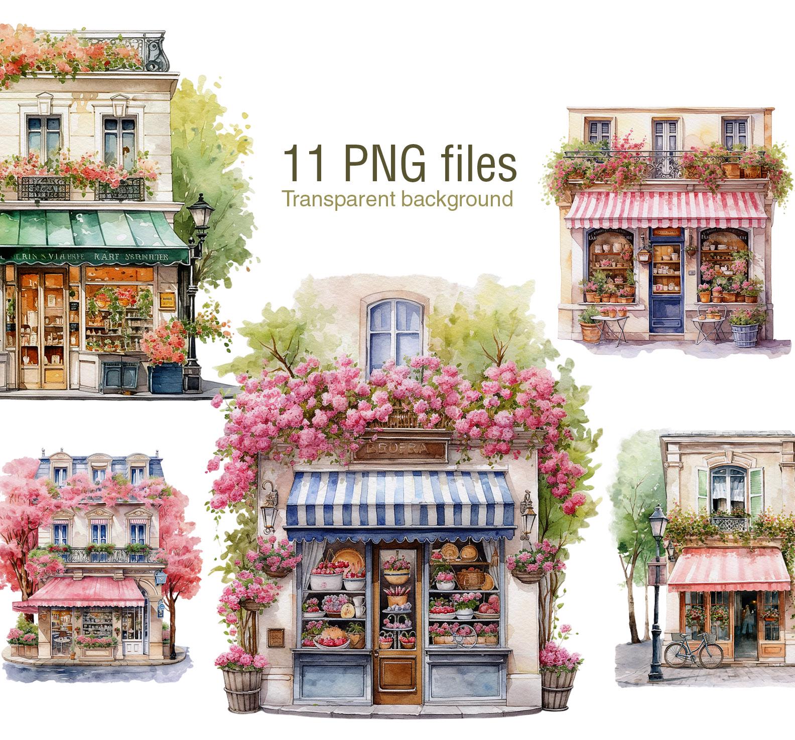 Paris Cafe Watercolor Clipart: French Bakery PNG Set (12", 300 DPI)