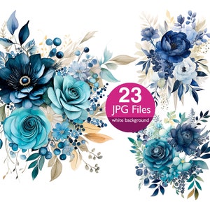 Navy blue and Turquoise flower clip art, JPG floral bouquet watercolor clipart, flowers for wedplanner, sticker junk journal