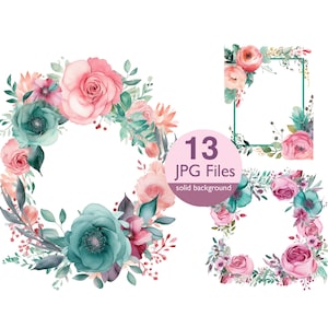 Imágenes prediseñadas de marcos florales de color verde azulado y rosa, invitaciones de boda con marco de flores cuadradas y circulares JPG, planificador, scrapbooking de diario basura de pegatinas