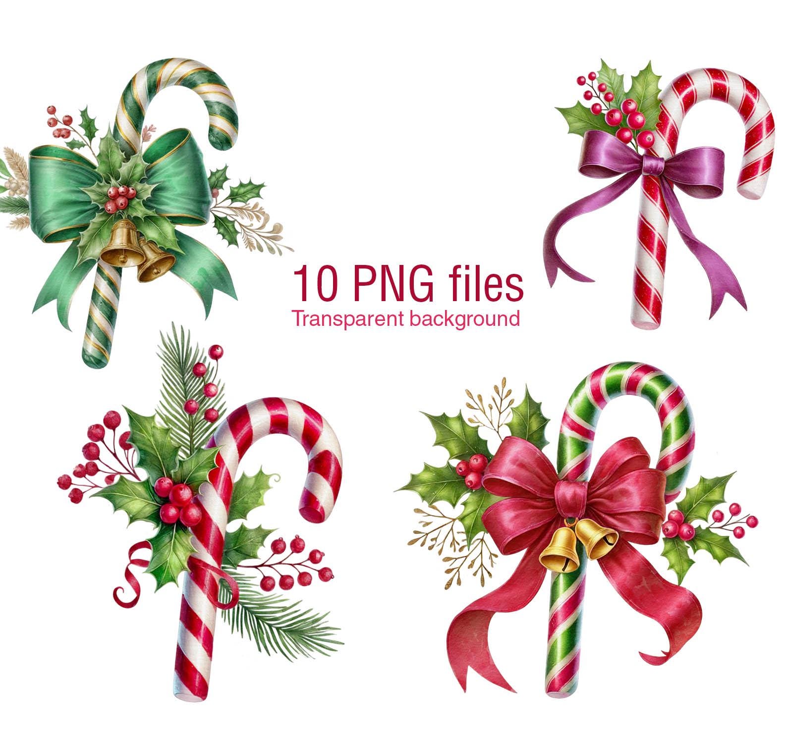 Clipart Noël avec canne en bonbon : éléments PNG pour les fêtes (usage commercial)