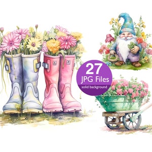 Imágenes prediseñadas de jardinería, imágenes prediseñadas de ilustración de jardín JPG, flores de primavera, diario basura con pegatinas de planne, arte digital