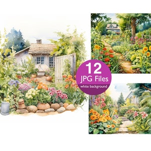 Tuin illustraties, JPG bloementuin aquarel clipart junk journal