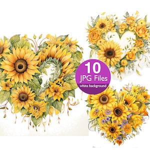 Clipart de girassol de coração, JPG Sakura floral clipart de flores do dia dos namorados, flores para planejador, diário de lixo adesivo