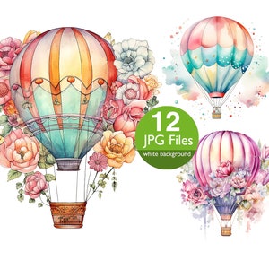Hot Air Balloon clip art, JPG aquarel Hot air balloons met bloem clipart, paper crafts, uitnodiging, planner, sticker junk journal